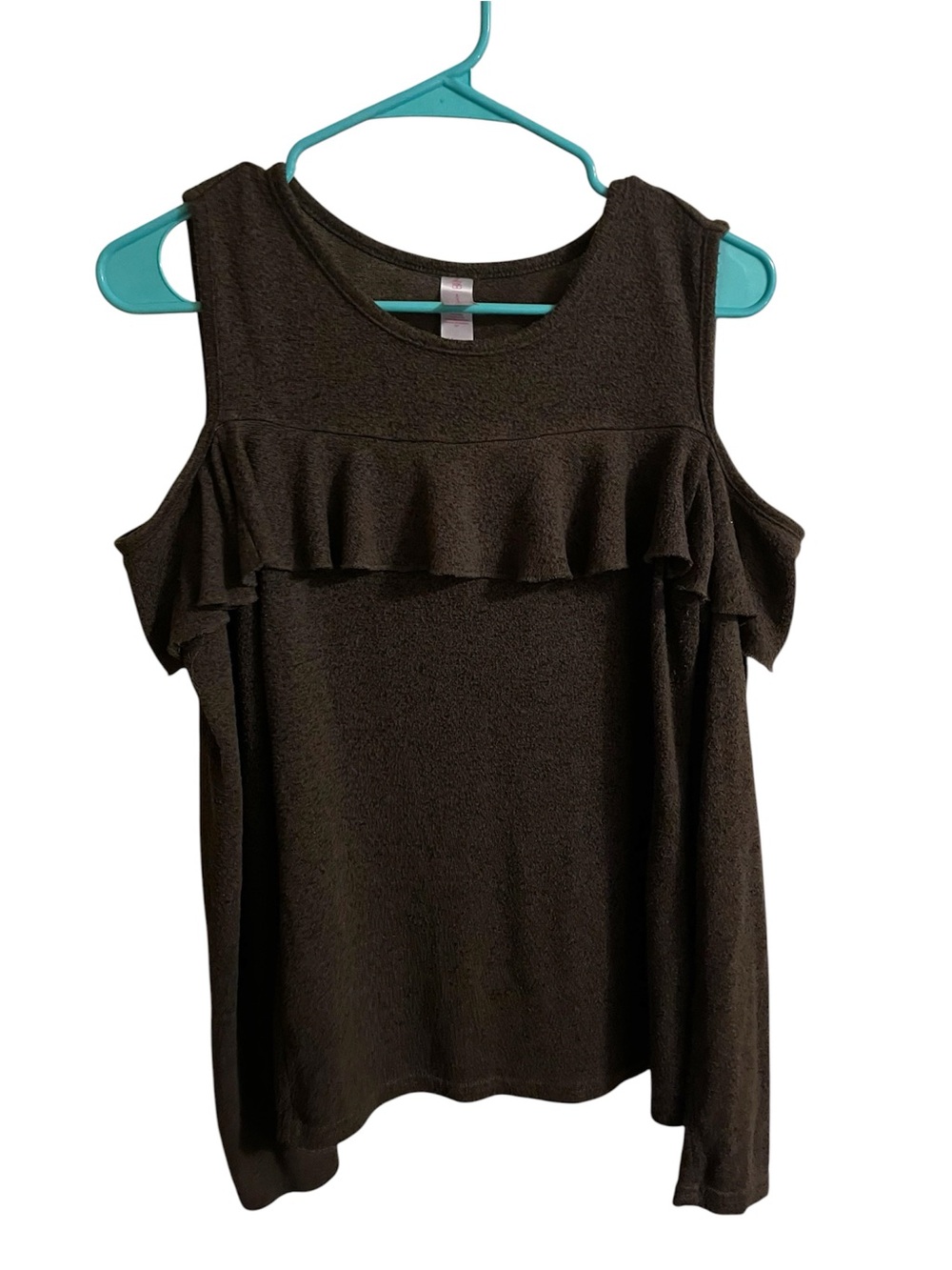 No Boundaries Junior’s Brown Marled Cold Shoulder Ruffle Knit Top L 11-13